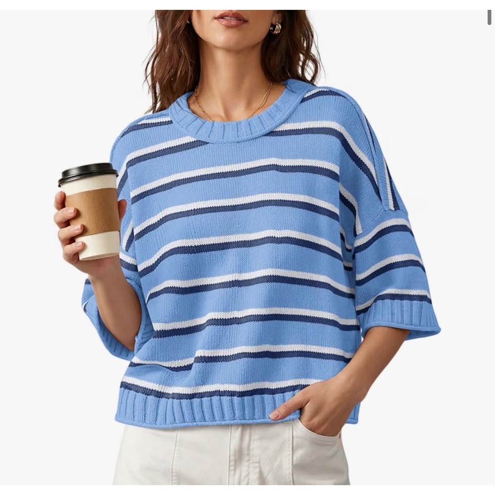 Nirovien Women's Light Navy Blue Striped Knit Sweater Short Sleeve Medium ā NWT